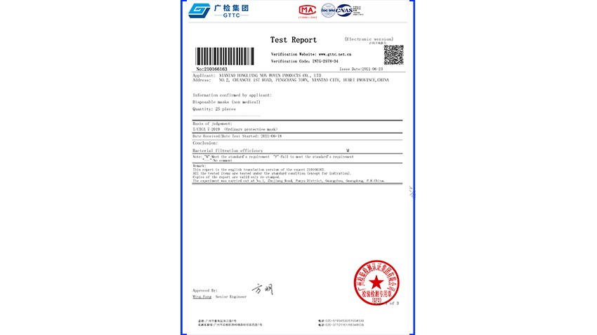 Flat face mask test report
